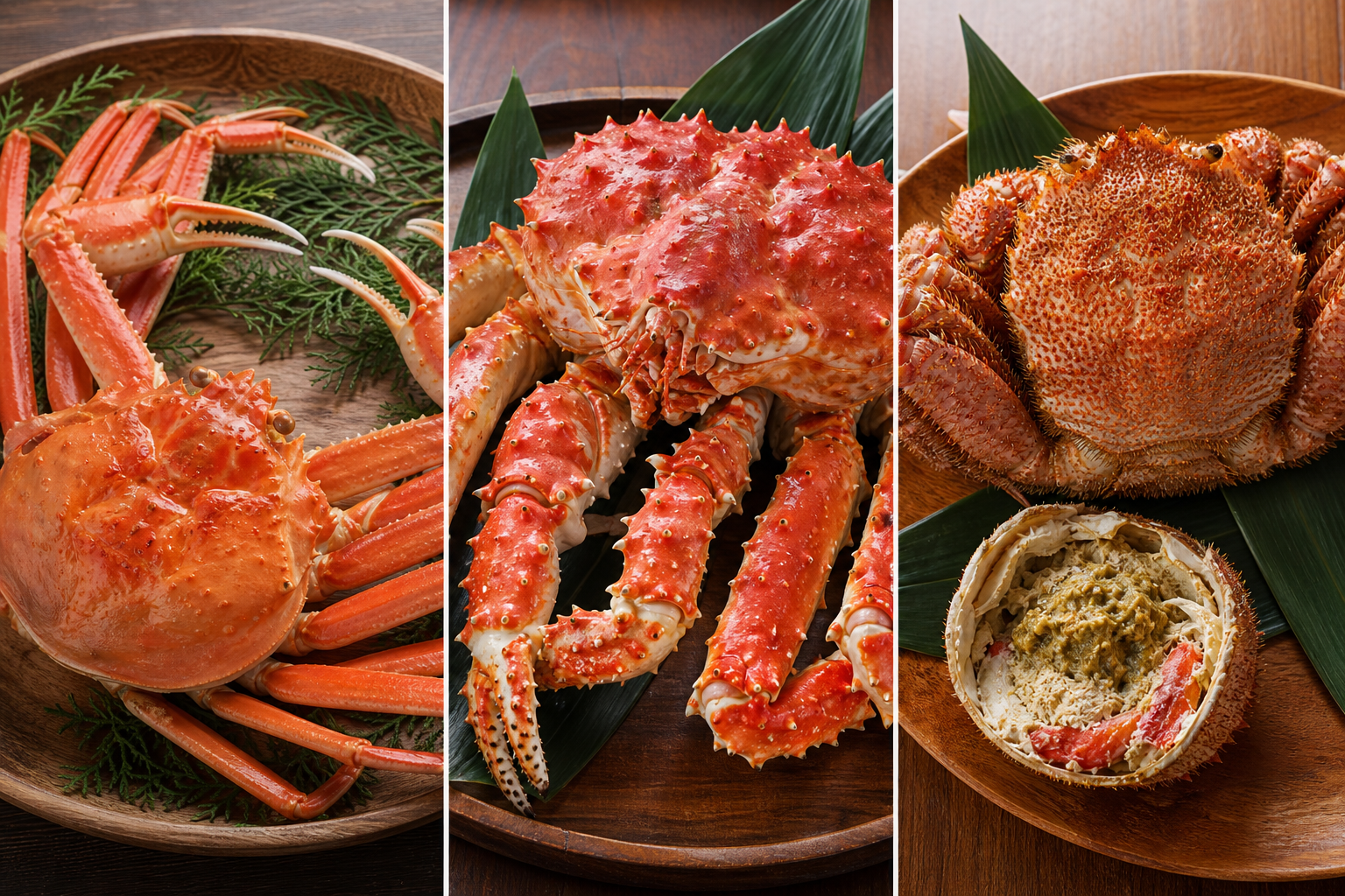 An informative and clean visual comparison layout showing three main types of Japanese culinary crab