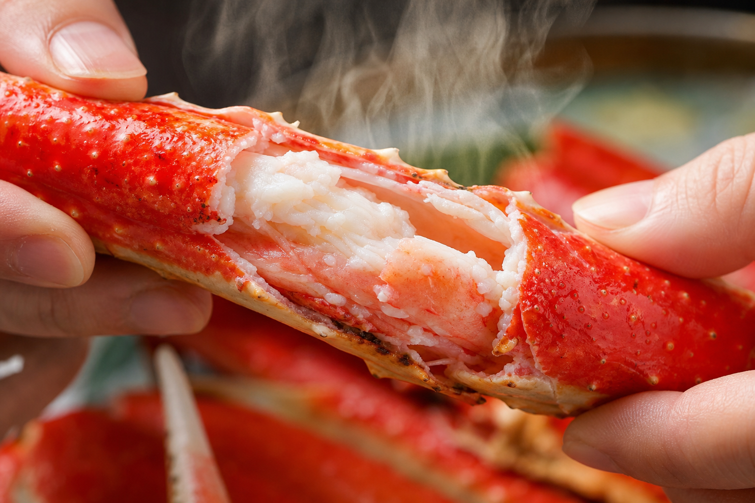 Close-up shot of a thick, perfectly cooked red crab leg being held by clean hands and split open, re