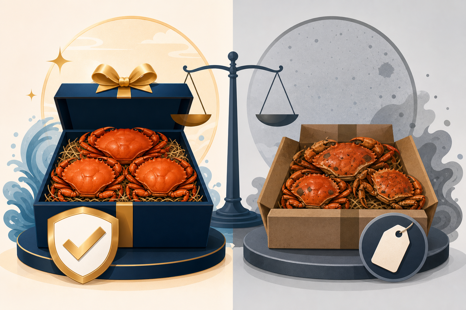 Infographic-style conceptual illustration comparing two options: on the left, a premium gift box wit