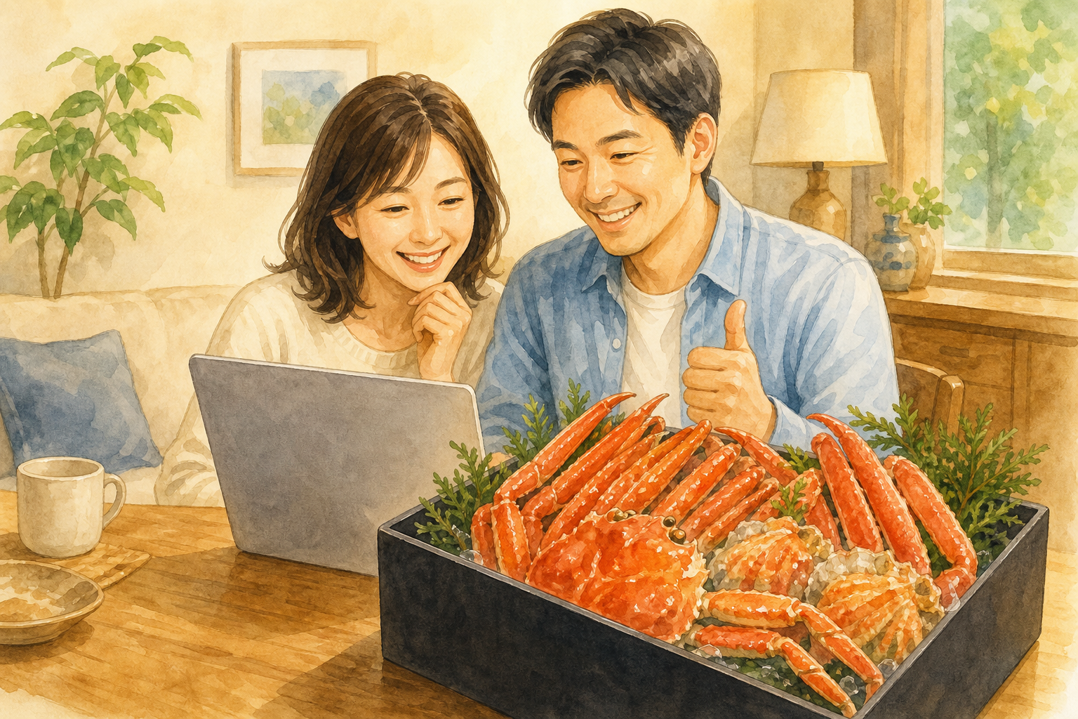 ノートパソコンやスマートフォンを見ながら、満足そうに笑顔でうなずく30代から40代の日本人女性と男性の夫婦。テーブルの上には届いたばかりの新鮮で立派なカニの詰め合わせギフトボックスが置かれており、オン