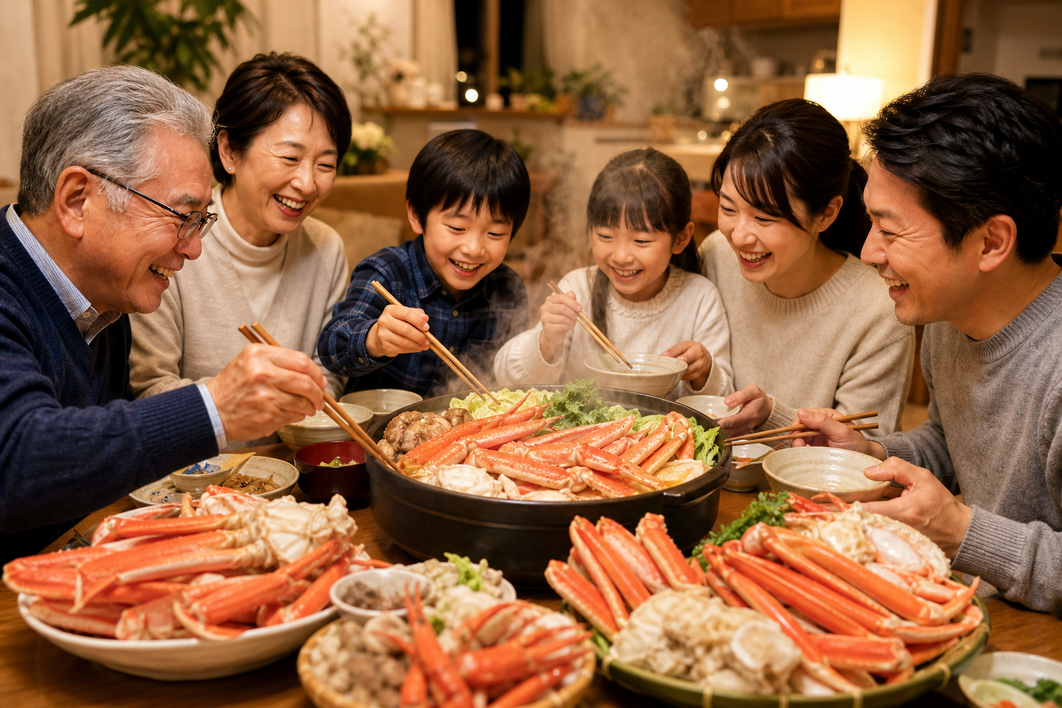 温かいリビングのダイニングテーブルを囲み、湯気の立つ豪華なカニ鍋を笑顔で楽しそうに食べている日本の3世代家族(祖父母、両親、子どもたち)。お皿にはたっぷりのカニの脚や新鮮な海鮮が盛られており、家族団ら