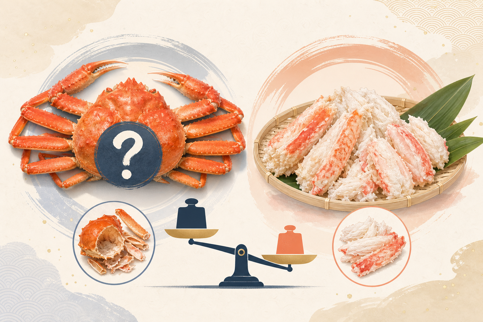An illustrated diagram or conceptual graphic comparing two types of crab packages: on the left, an i