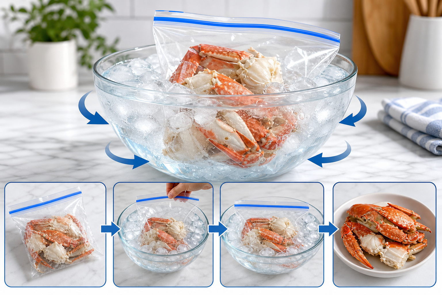 A step-by-step visual instructional illustration showing the proper method for defrosting frozen cra