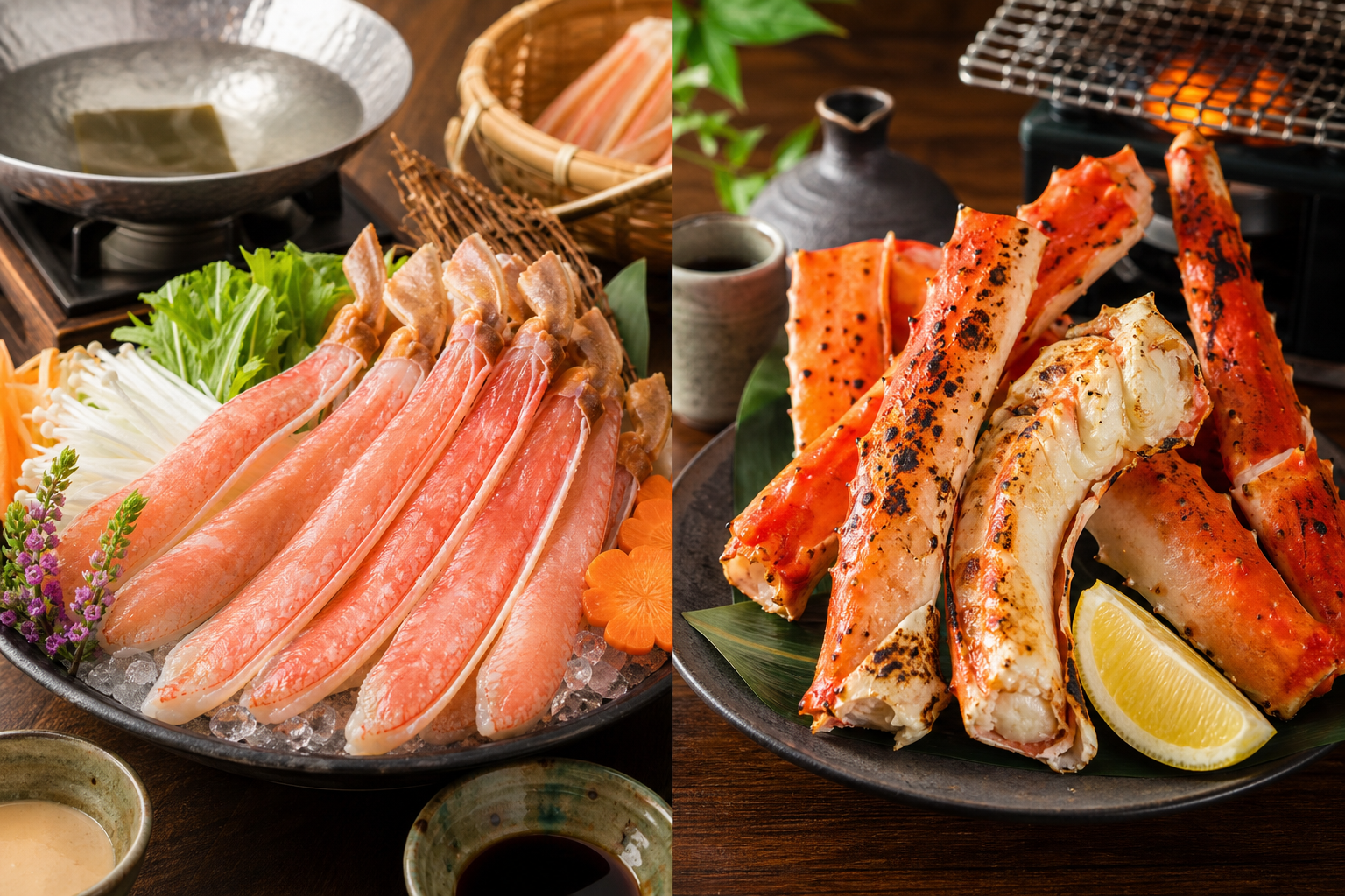 A side-by-side comparison display of delicious cooked crab dishes on a Japanese-style dining table: 