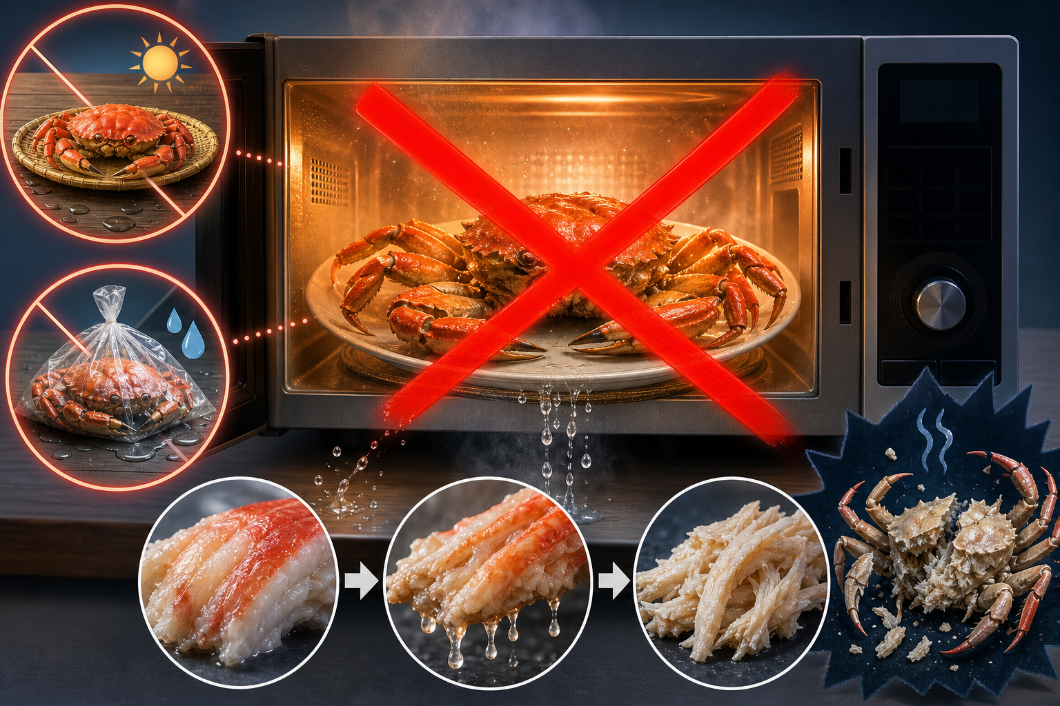 電子レンジの中にカニを入れて加熱しようとしている様子に大きな赤い「×」マークが重なり、カニから水分(旨味ドリップ)が抜け出して身が縮んでパサパサになってしまうイメージを表現した警告イラスト。間違った解