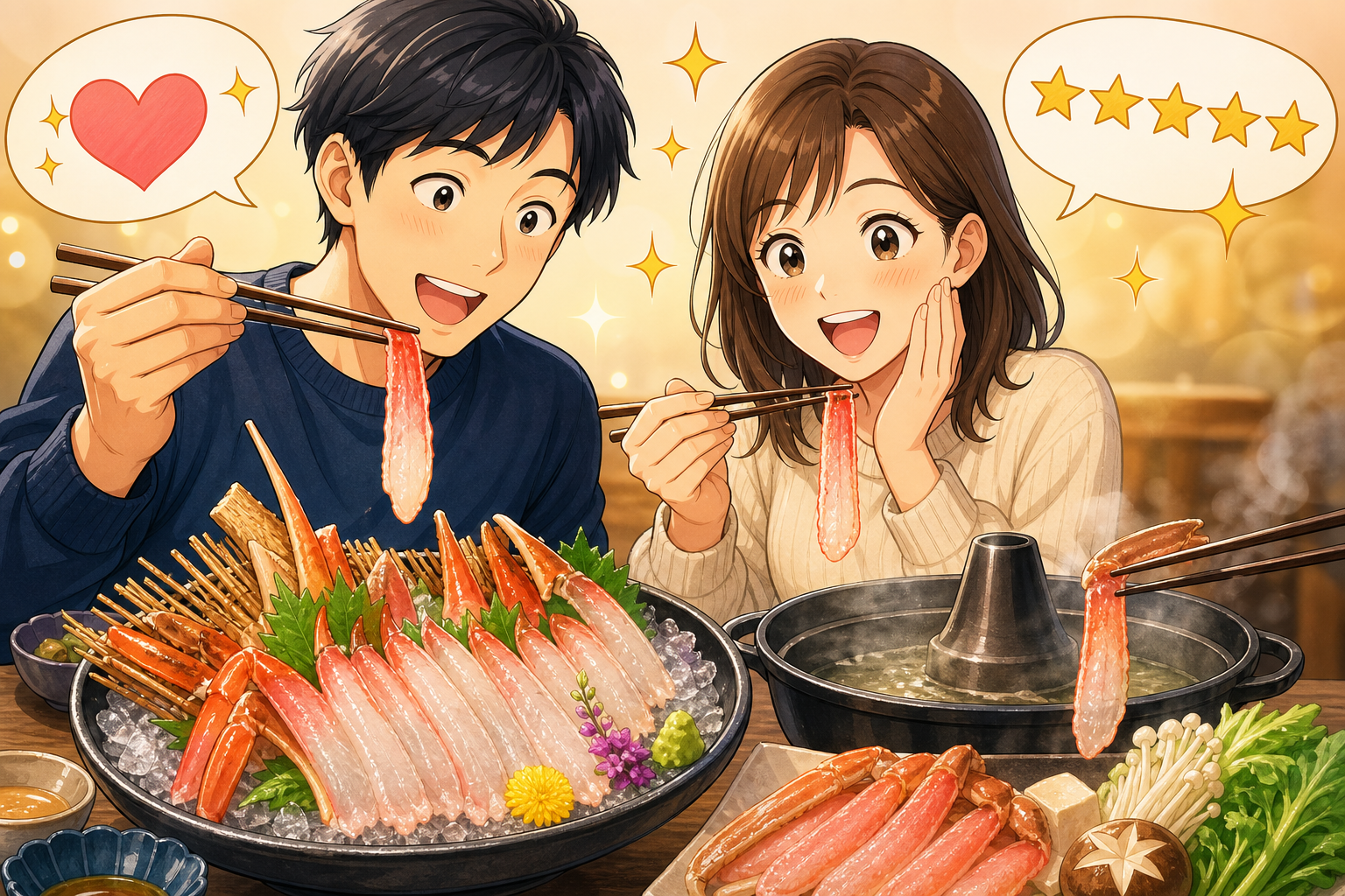 新鮮でつやつやとしたズワイガニの刺身とカニしゃぶの盛り合わせを前にして、箸で持ち上げながら美味しそうに感動している笑顔の日本人男女のイラスト、満足感や高評価のレビューを表現する吹き出しや星評価のグラフ