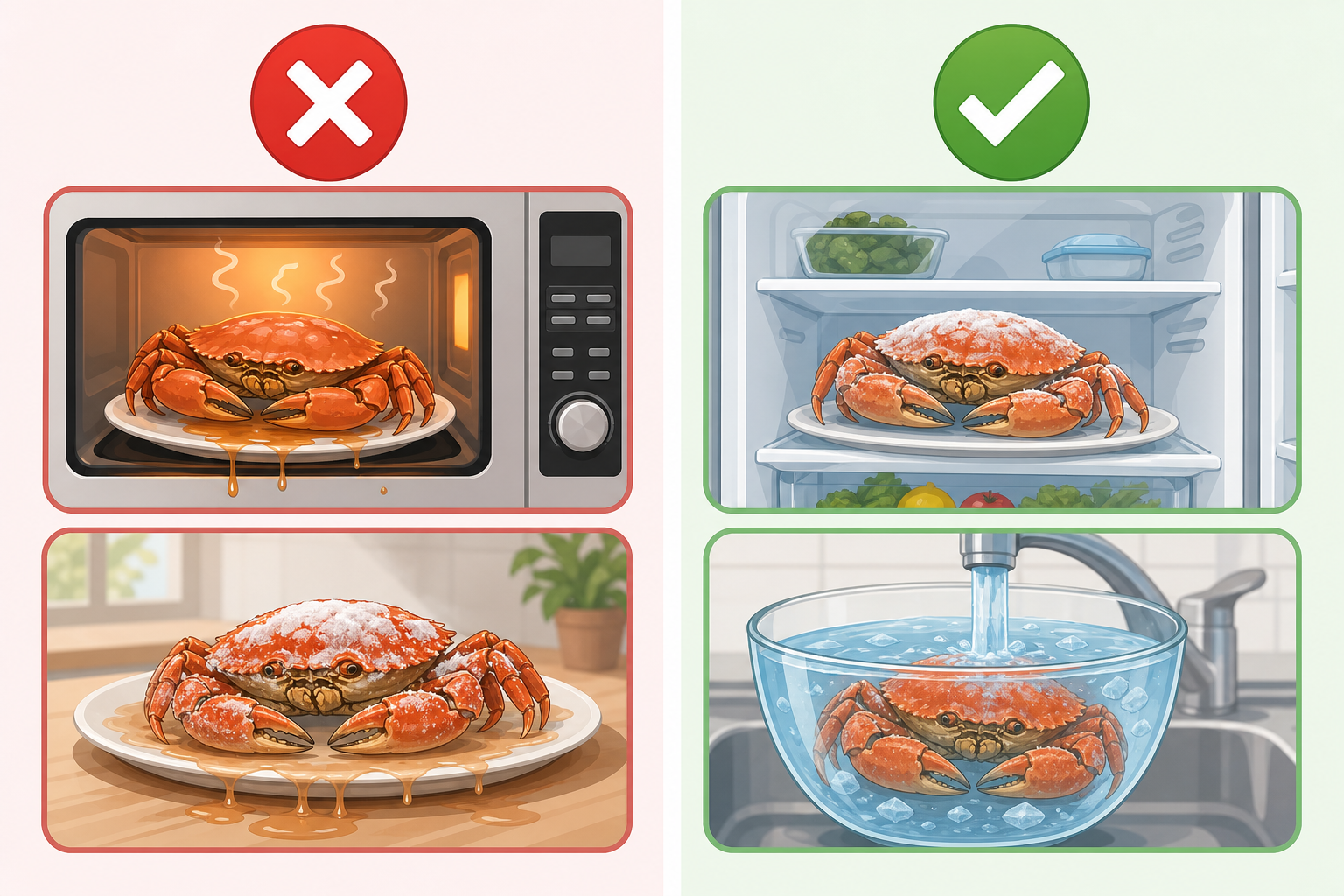 An explanatory infographic illustration comparing crab thawing mistakes versus correct thawing metho