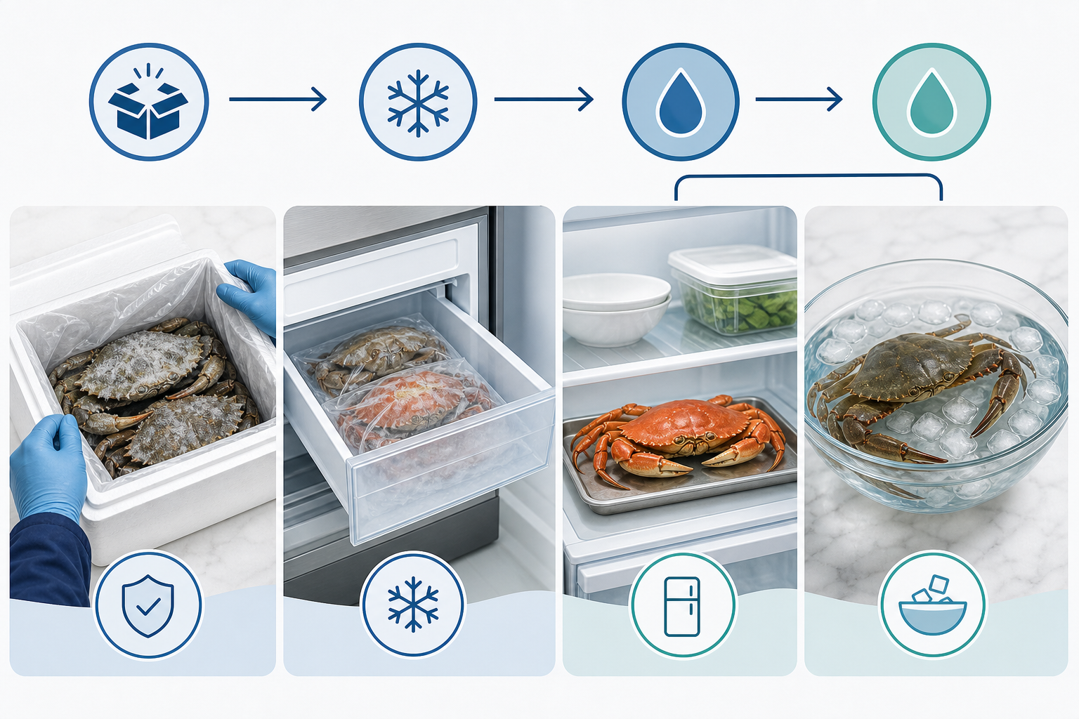 A step-by-step visual guide illustration demonstrating the proper handling of frozen crab upon deliv