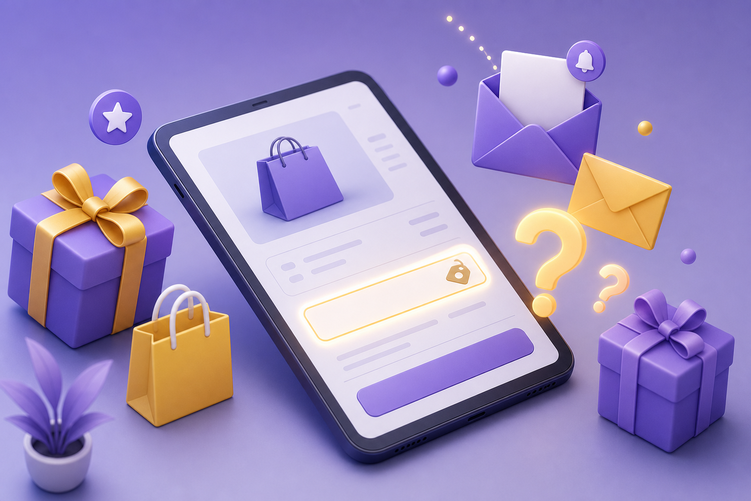 An isometric 3D concept illustration showing an online checkout screen on a tablet or smartphone, wh