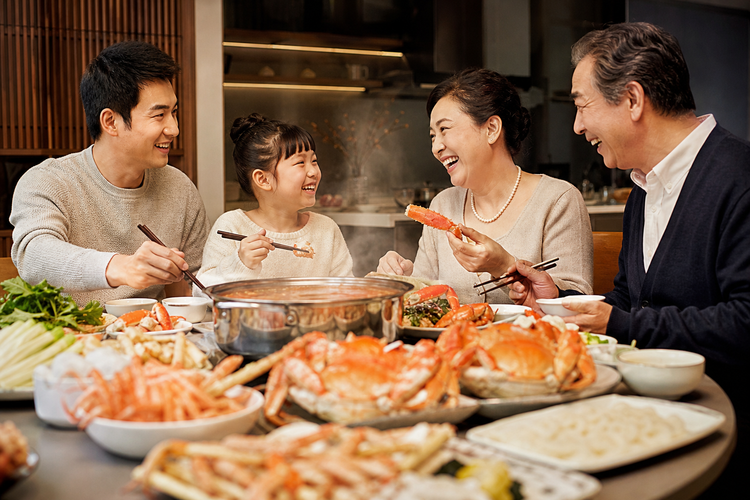 A happy family having a warm and joyful dinner gathering at home, enjoying a lavish crab hot pot mea