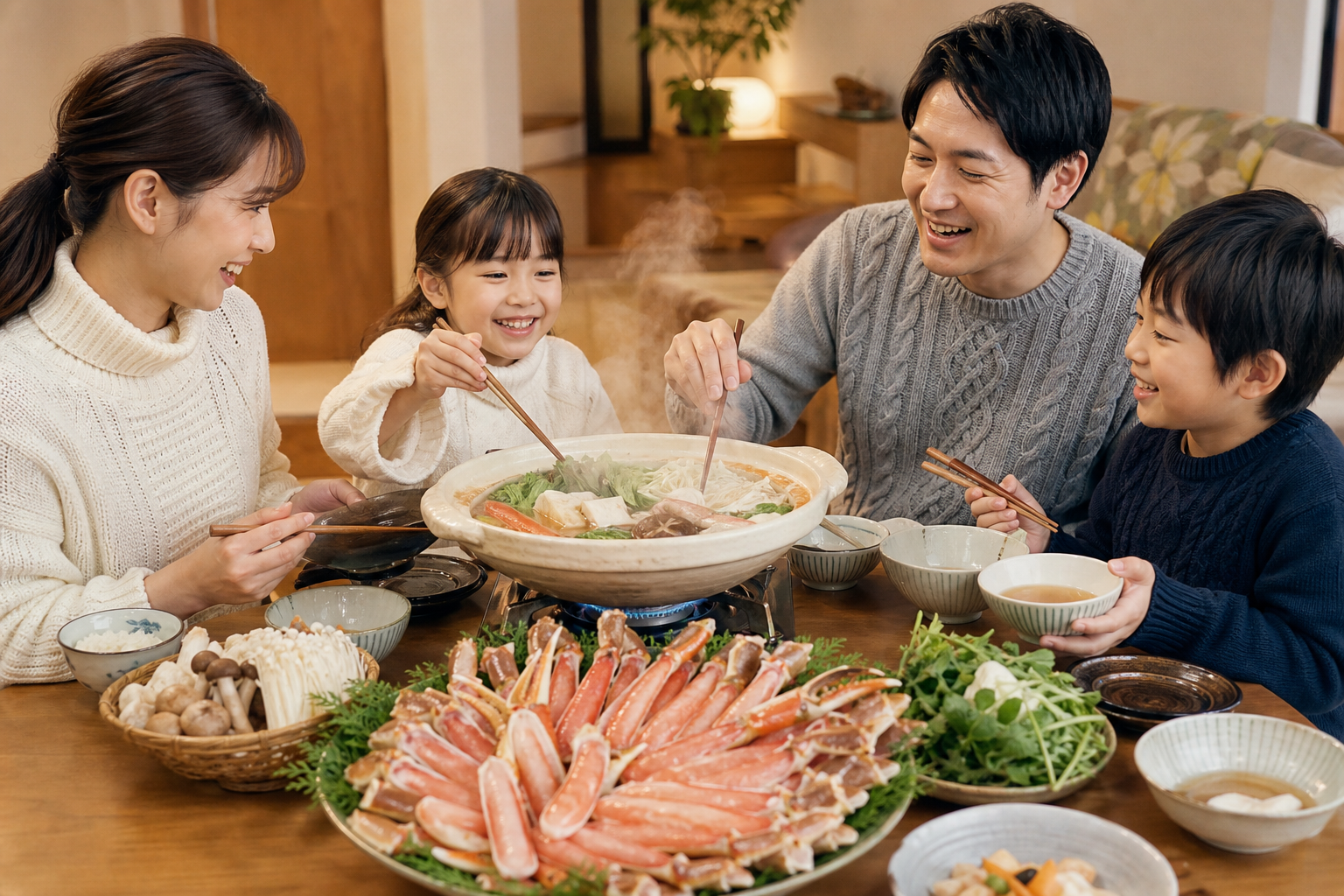 冬の温かいリビングの食卓で、湯気立つ土鍋を囲む笑顔の日本の4人家族。大皿にはきれいに殻が剥かれたプリプリの生ズワイガニの半むき身（ポーション）が山盛りに並べられ、包丁不要で手軽にカニ鍋を楽しんでいるア