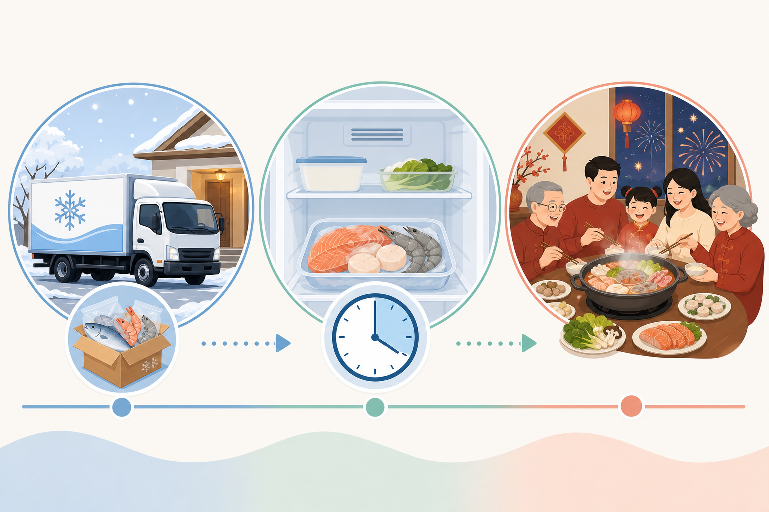 An informative infographic illustration showing a delivery schedule timeline for frozen seafood. On 