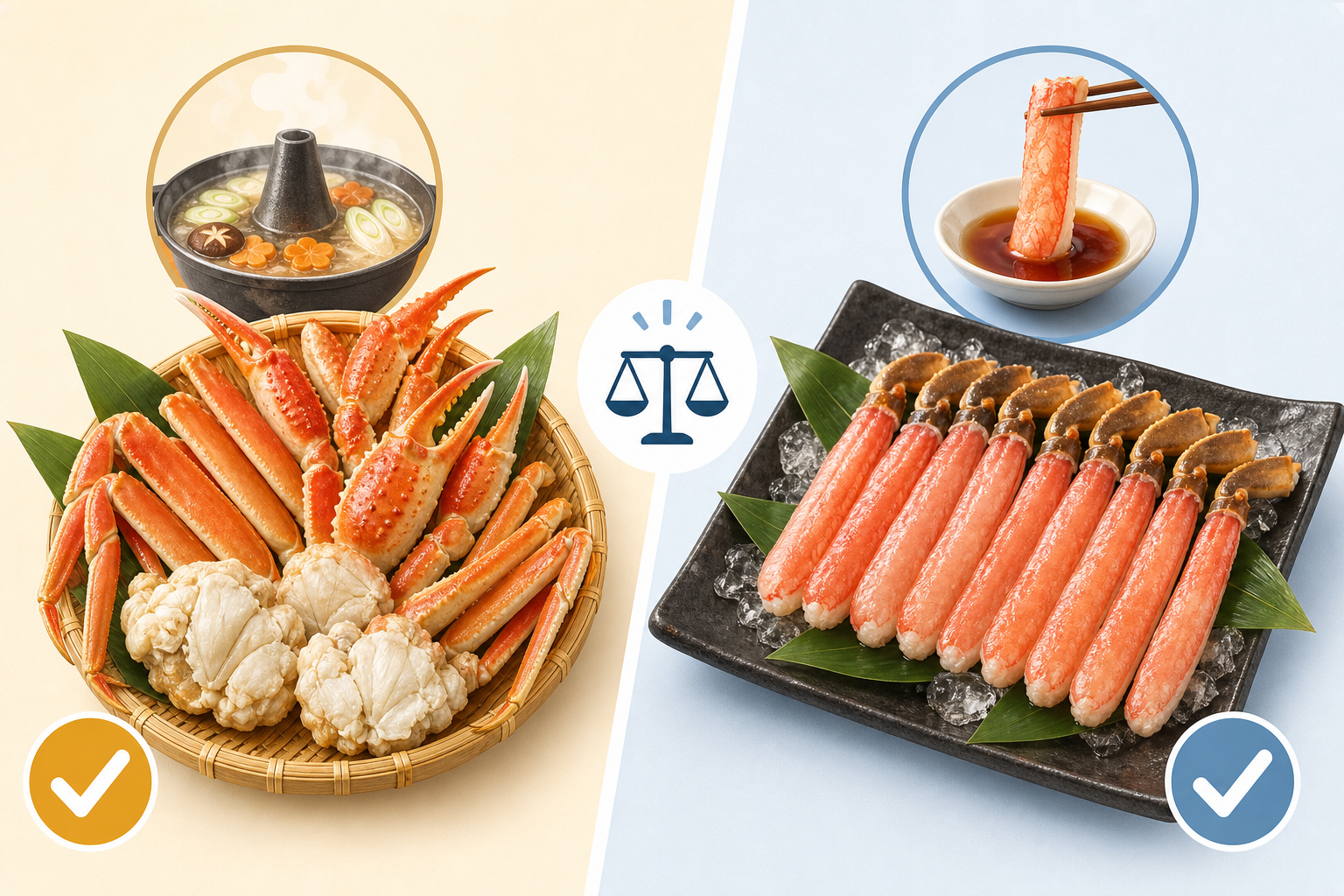 A visual comparison illustration showing two types of crab packs side-by-side. On the left, a full p