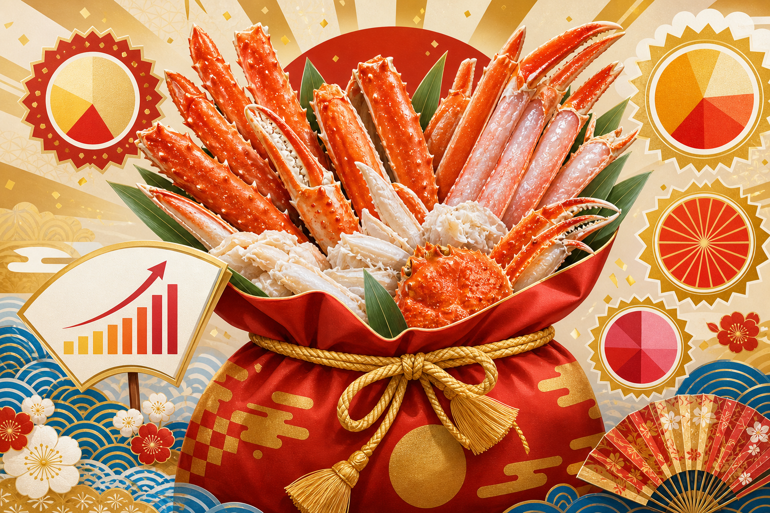 An infographic-style illustration visualizing a crab lucky bag (fukubukuro) concept: a festive gift