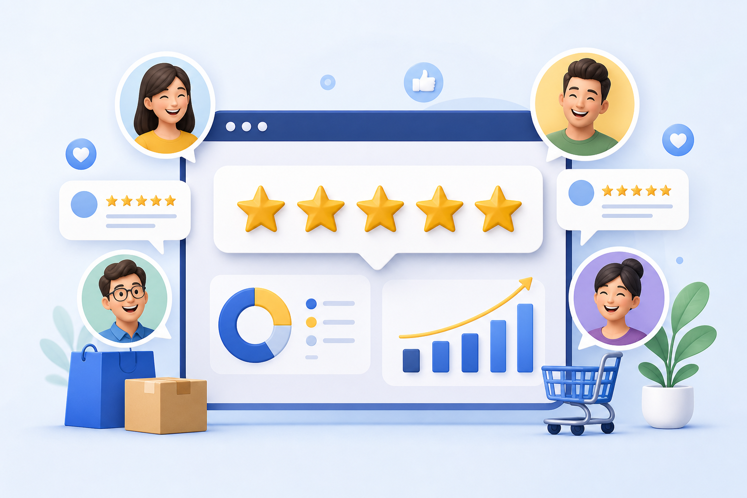 An illustration showing customer satisfaction and review data: a 5-star rating icon graphic surround