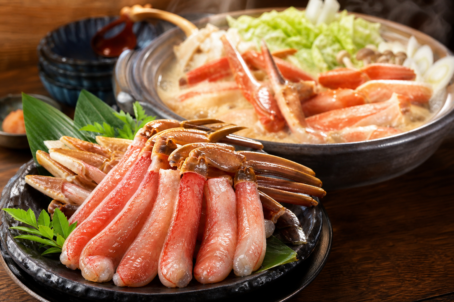 木目の食卓に置かれた豪華なカニ料理。手前にはツヤがあり透き通るような生のズワイガニ刺身用ポーション、奥には白菜やネギと一緒にぐつぐつと煮込まれているカニ鍋の半むき身セット。食欲をそそるシズル感のある料