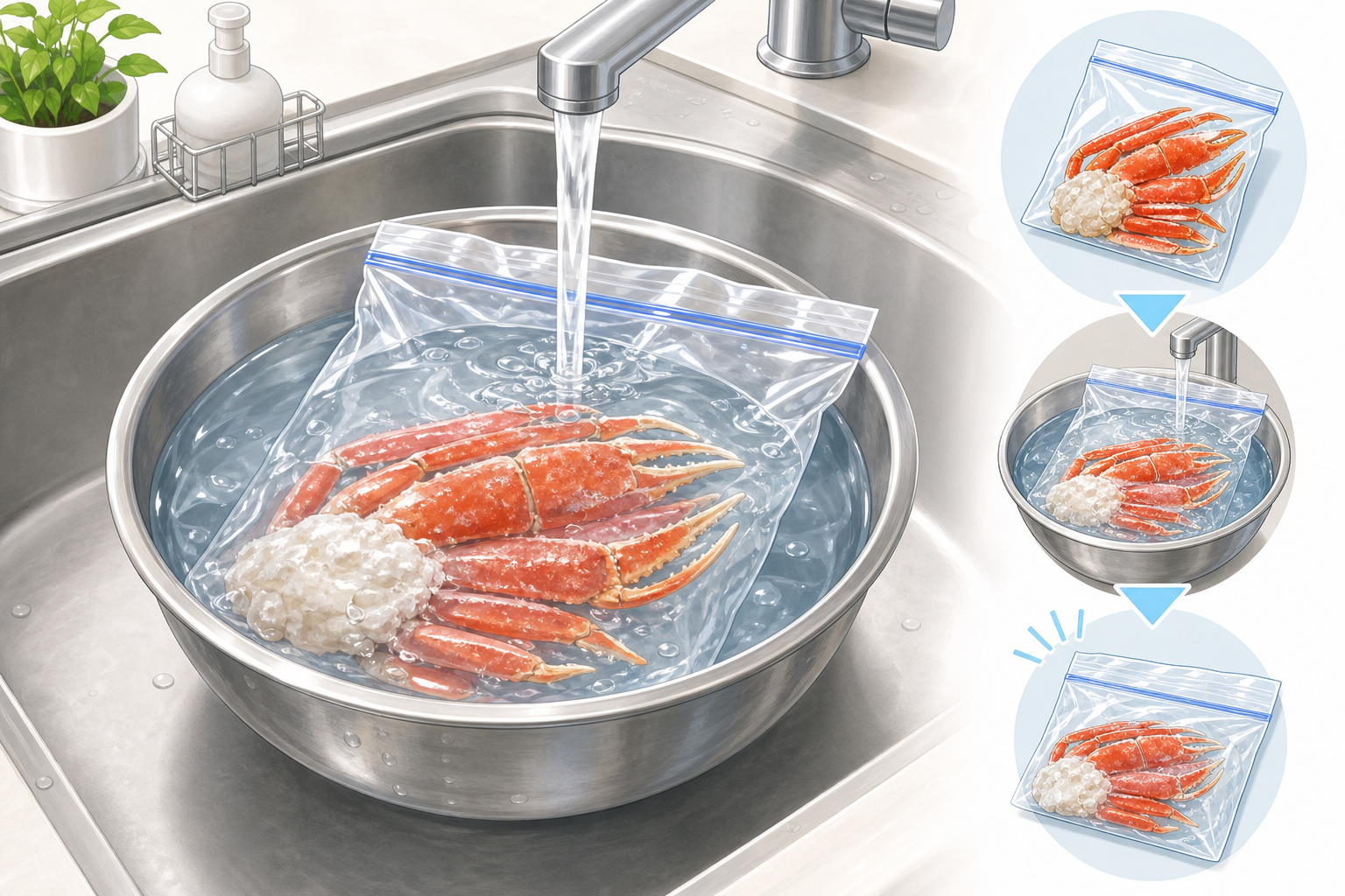 キッチンのシンクで冷凍カニを美味しく解凍する正しい手順の解説イラスト。カニの身に直接水がかからないよう密閉ビニール袋に入れ、ボウルに張った冷たい流水で短時間解凍している様子を分かりやすく表現した図解風
