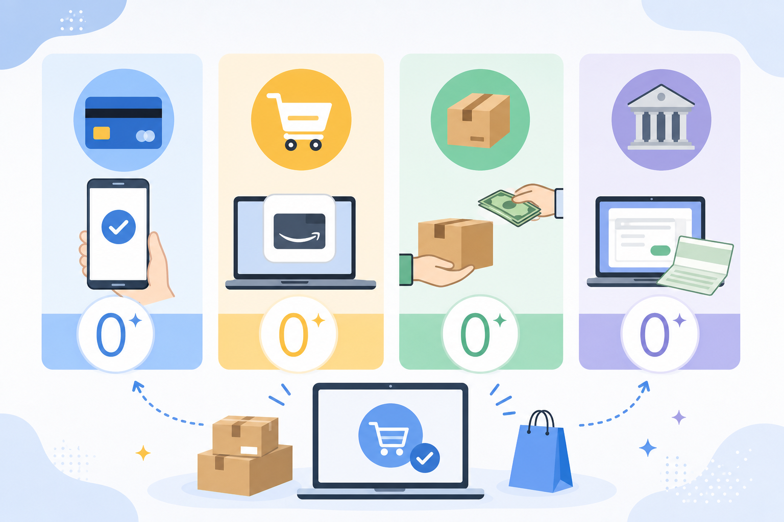 クレジットカード、Amazon Pay、代金引換の荷物受け取り、銀行振込の4つの決済アイコンが並んだ比較インフォグラフィック風のイラスト。手数料無料を示す「0円」のアイコンや、スムーズなネットショッピ