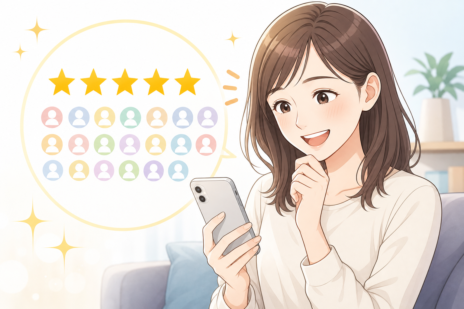 スマートフォンの画面に五つ星の高評価アイコンと25,000件以上の満足レビューが並んでいる様子。その画面を見ながら、笑顔で安心した表情を浮かべる日本人女性のイラスト。満足度の高さと通販の信頼性が一目で