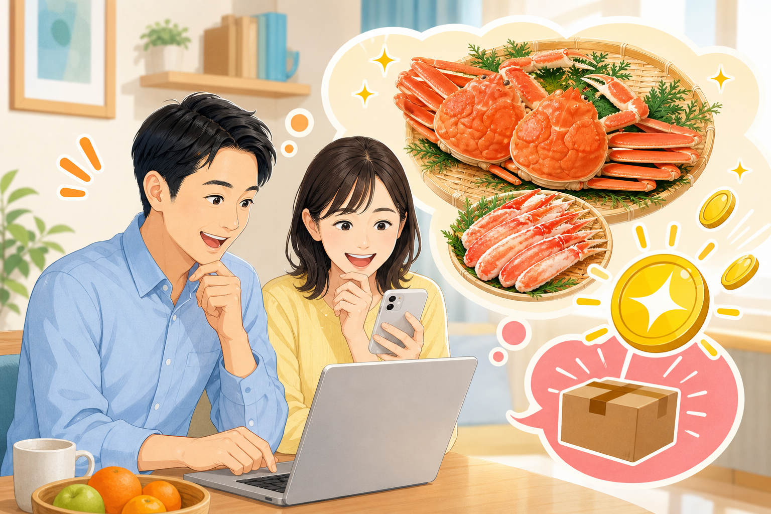ノートパソコンやスマートフォンを使ってオンライン通販サイトで新鮮なカニの注文を笑顔で検討している日本人夫婦。画面にはカニの画像が並び、ポイント還元や送料無料のアイコンがポップに浮かび上がる、明るくお得