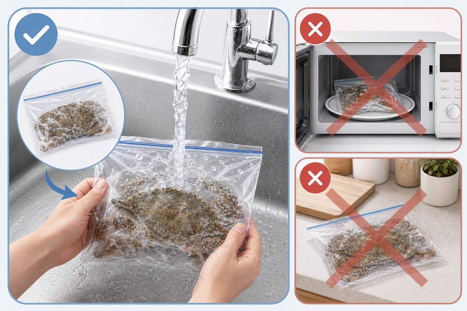 A clear educational step-by-step infographic showing the correct way to thaw raw frozen crab: puttin