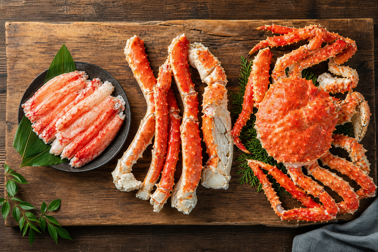 An informative comparison illustration showing three types of king crab cuts neatly displayed on a r