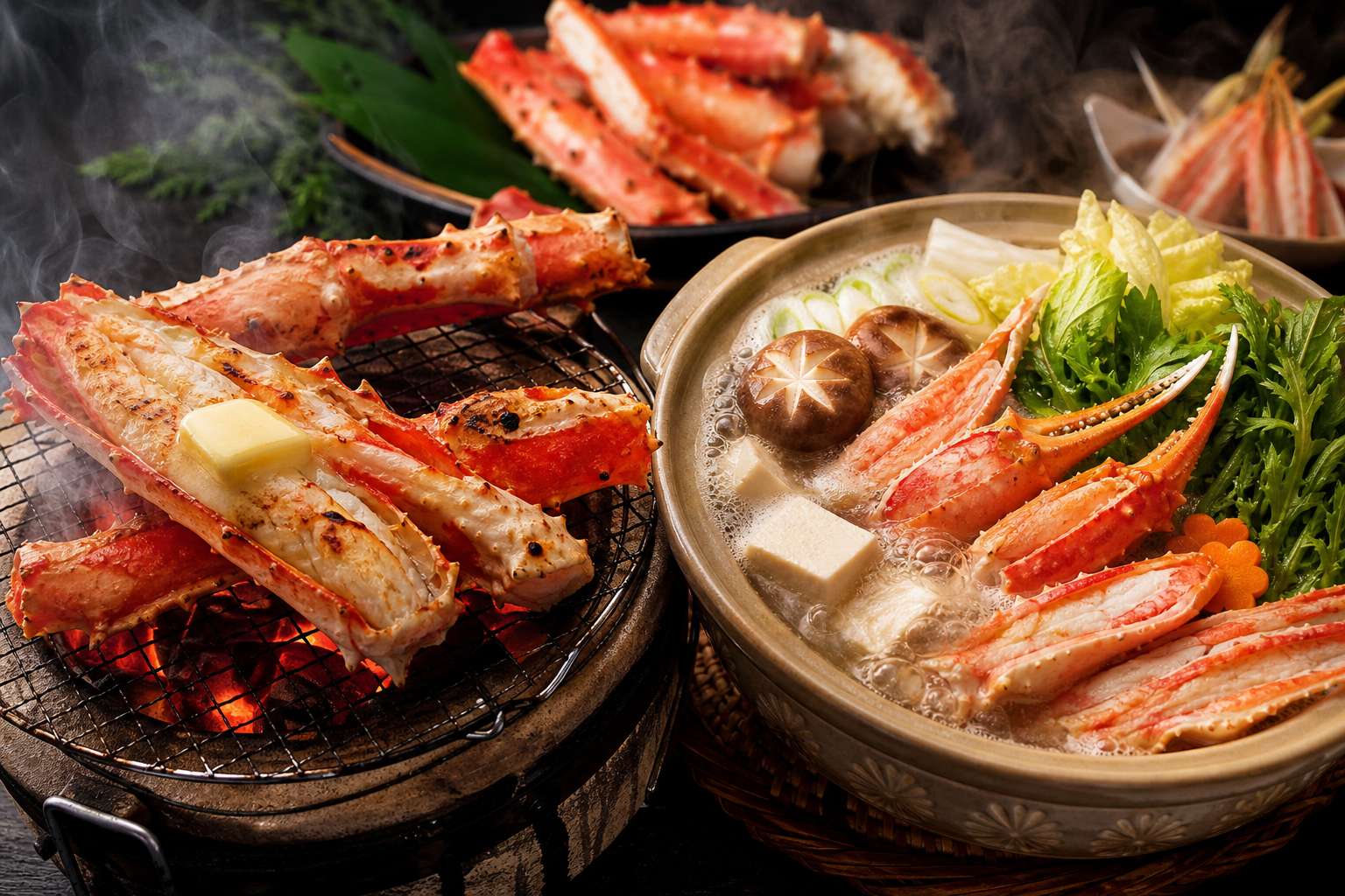 A delicious split dining scene of king crab dishes: on one side, thick king crab legs sizzling and g