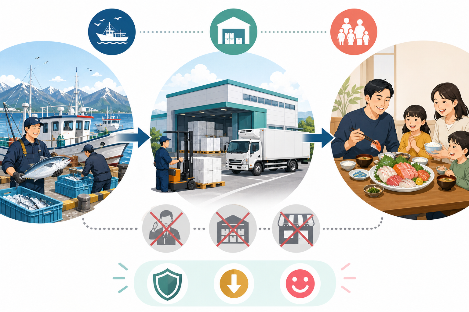 An informative supply chain illustration concept showing direct sourcing. On the left side, fisherme