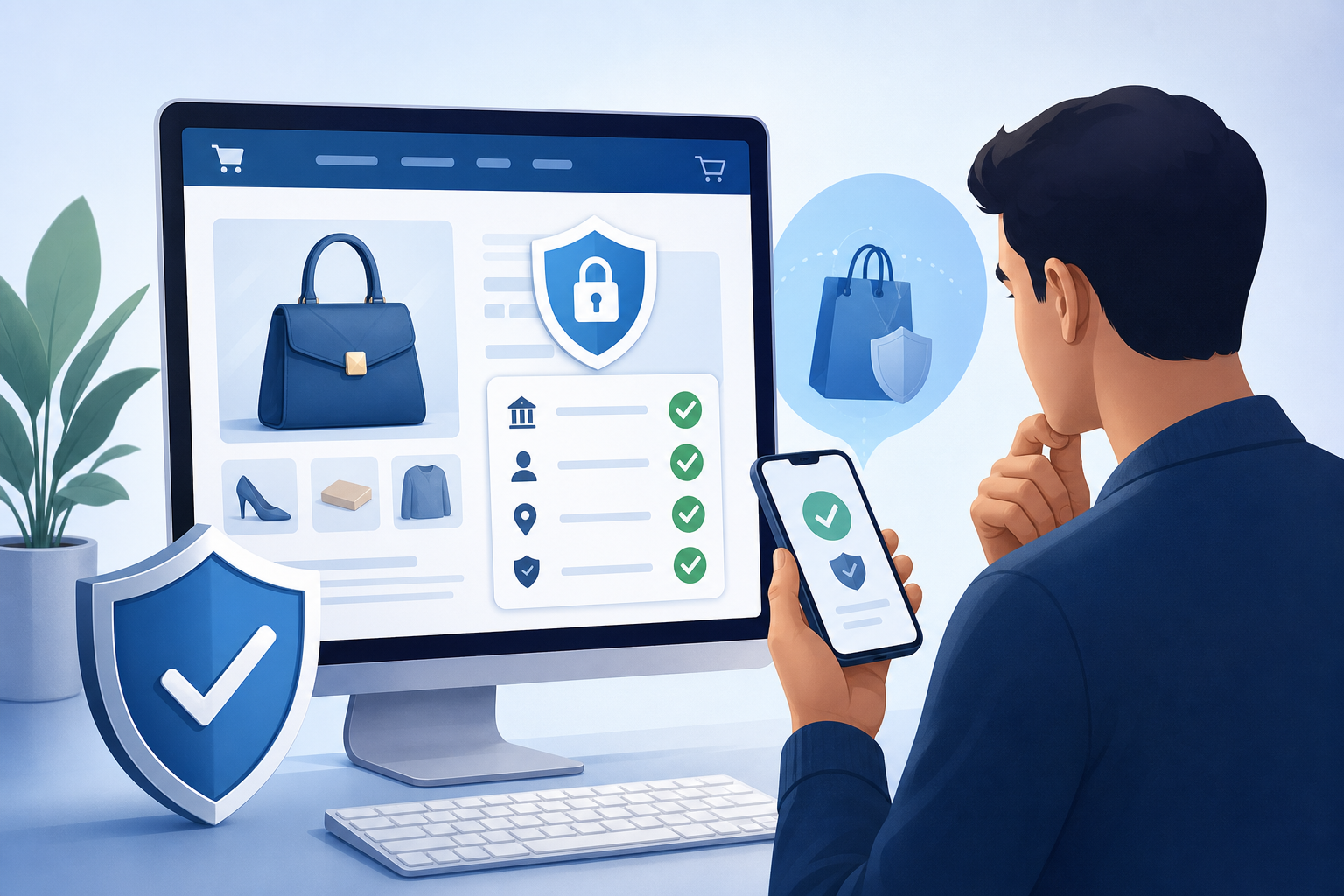 An illustration showing security and verification for online shopping. A computer screen displaying