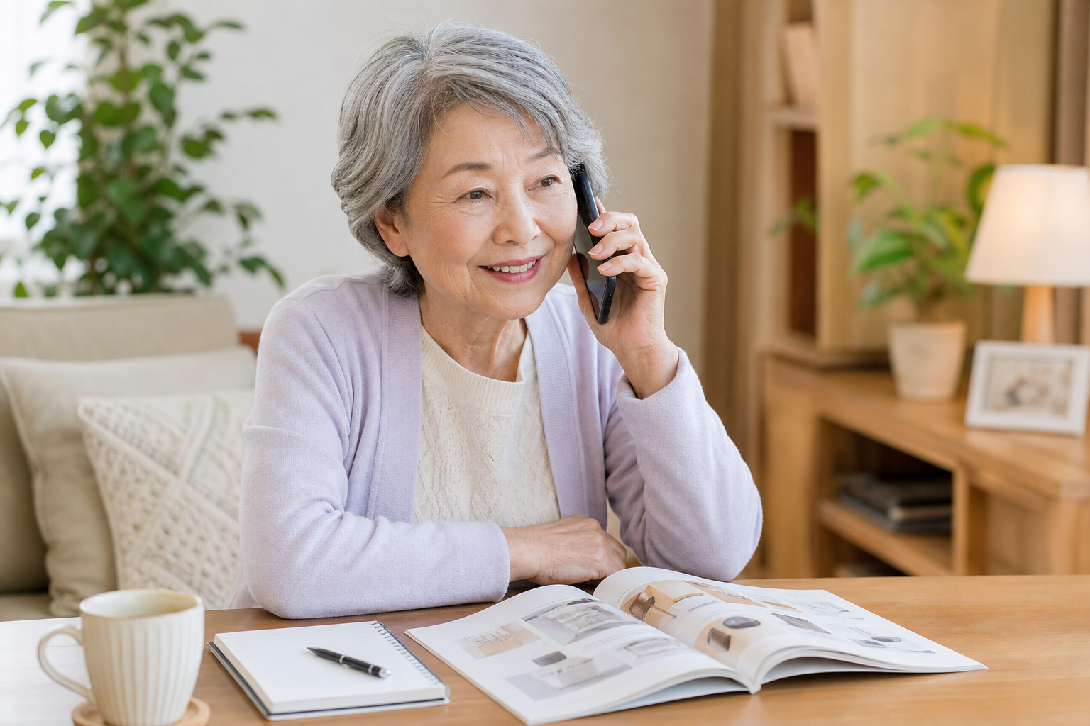 An elderly Japanese woman smiling gently while holding a smartphone and talking to customer support,