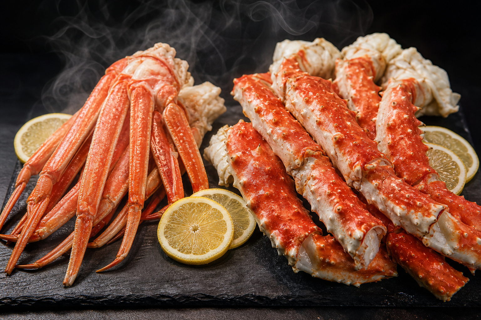 Side-by-side comparison display on a dark slate plate: delicate and slender snow crab legs (Zuwaigan
