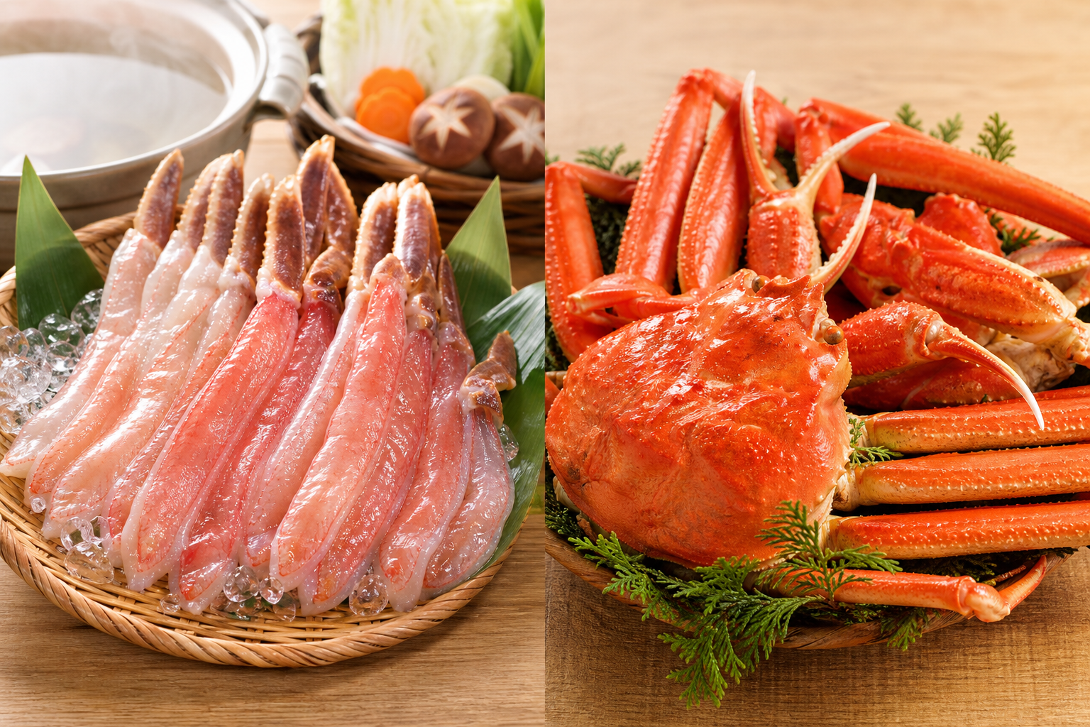 木製のテーブルの上で、左側に「生のずわいがに脚肉(透明感がありカニ鍋やしゃぶしゃぶ用)」、右側に「茹でたての赤いボイルカニ(そのまま食べる用)」がきれいに左右で比較配置されている構図。食材の新鮮さと用
