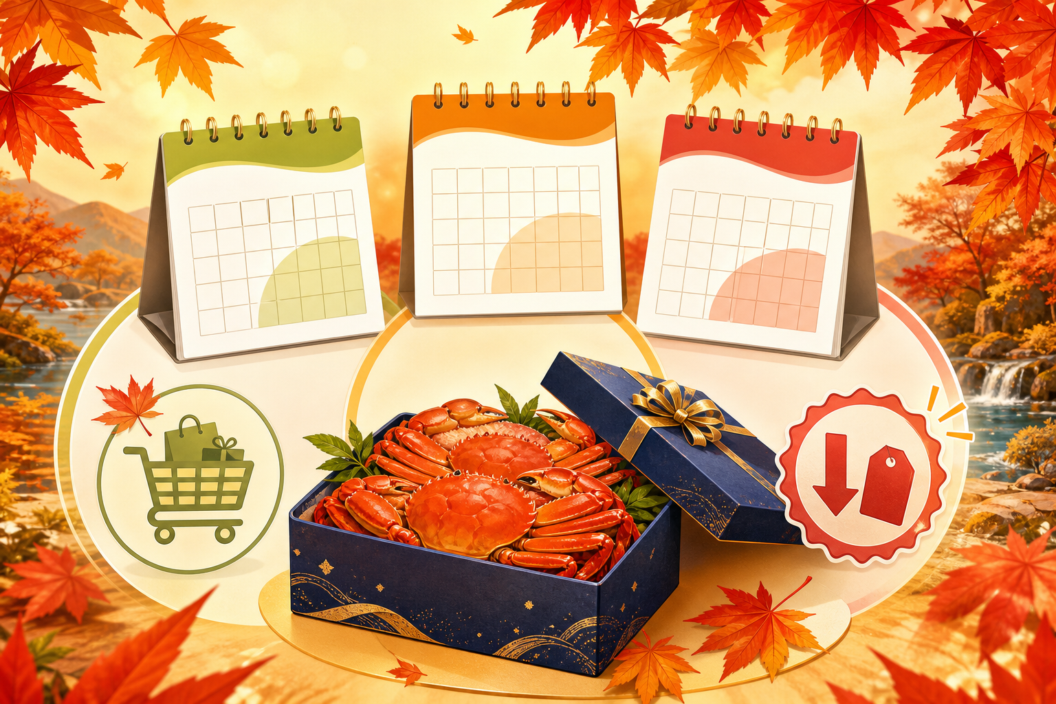 秋の季節感(紅葉)を背景に、カレンダーと買い物の割引を象徴するお得なショッピングのイメージイラスト。カレンダーの9月・10月・11月のページが強調され、カニのギフトボックスや特別価格を示すアイコンが配