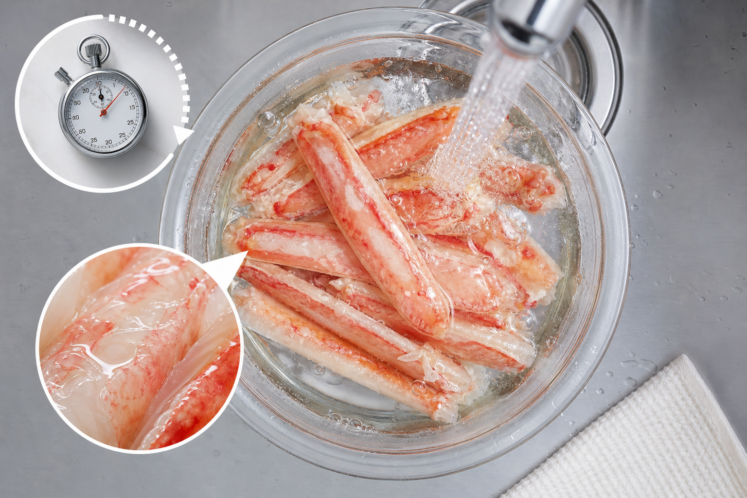 キッチンでボウルに入ったカニの脚肉むき身に水道から冷たい流水を当てて解凍している様子(流水解凍)を上から捉えた写真。ストップウォッチのアイコンと「約5分」のイメージ、表面の氷の膜(グレース)が溶けて透