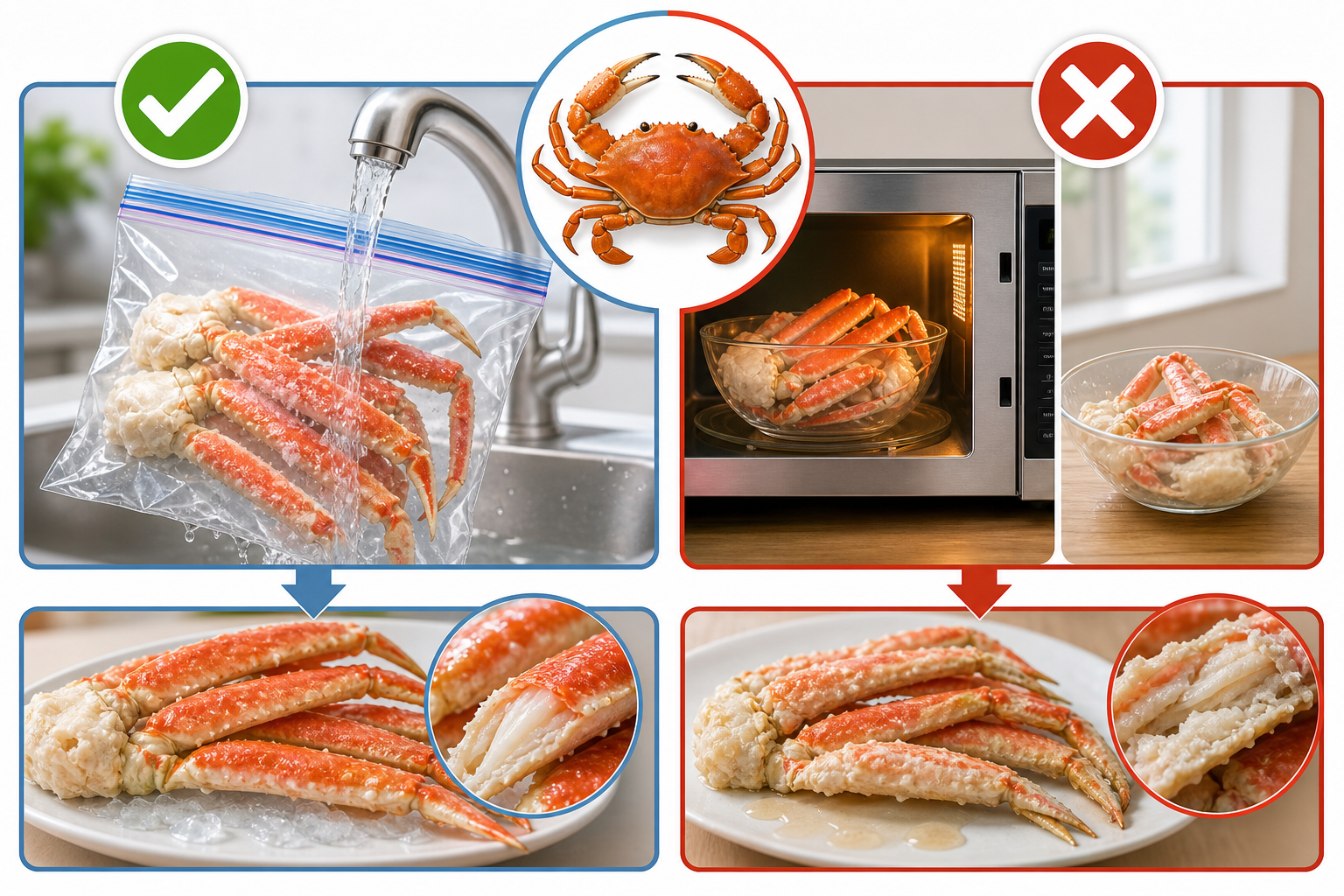 A clear instructional flowchart illustration comparing correct and incorrect methods for thawing fro