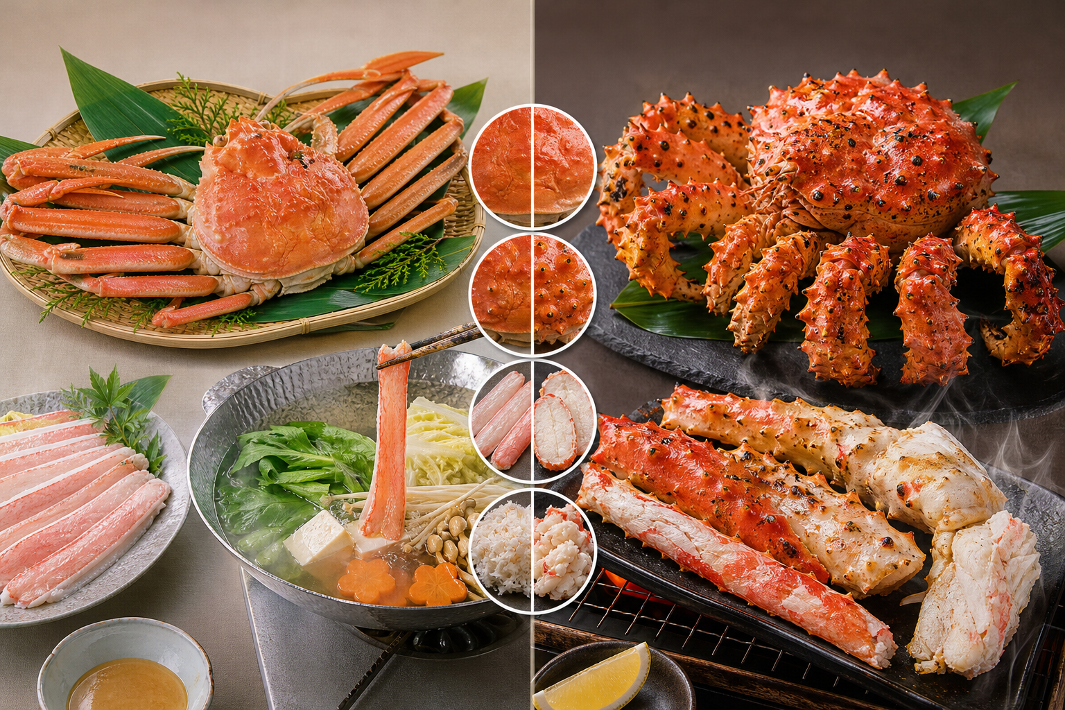 A visual comparison infographic of Snow Crab (Zuwai-gani) and Red King Crab (Taraba-gani) displayed