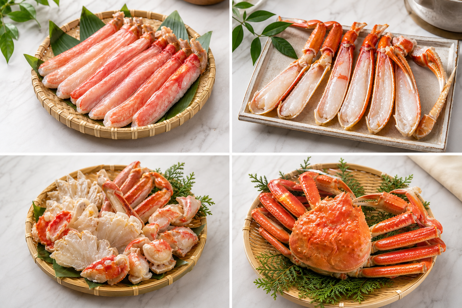 An informative and clean comparison infographic displaying four different types of crab processing: