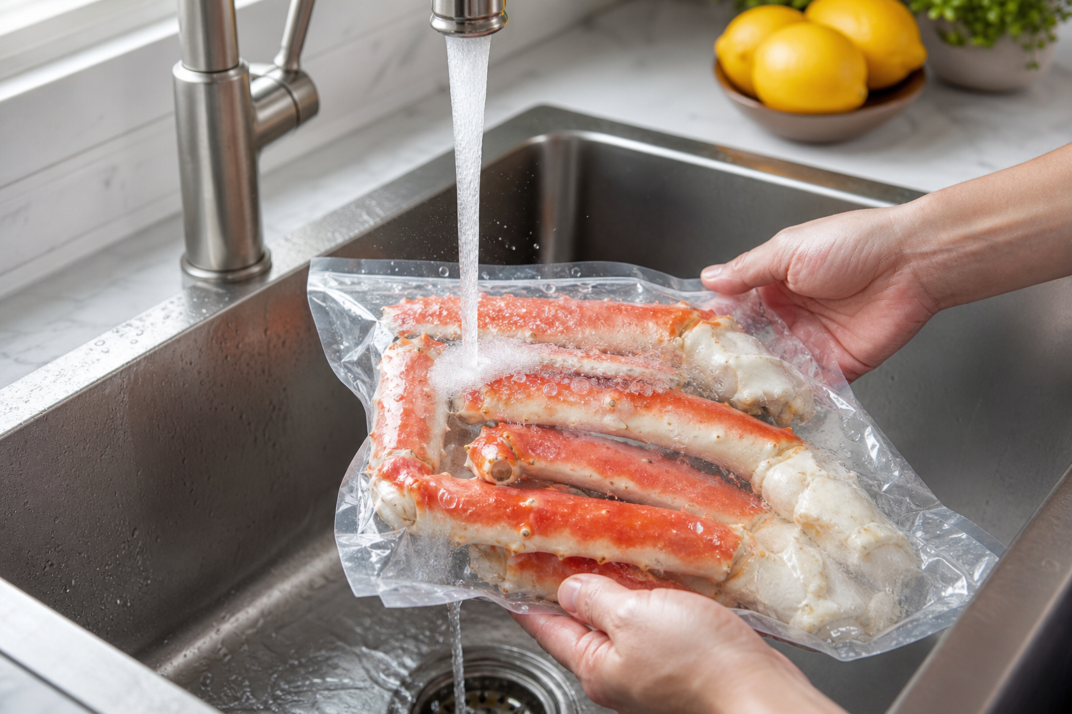 A close-up shot demonstrating the correct thawing process for frozen crab legs in a modern home kitc