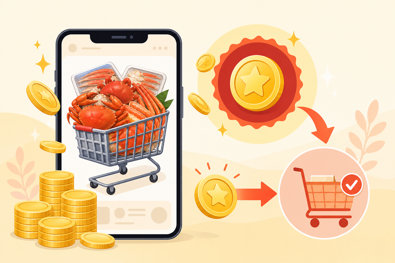 An explanatory infographic illustration showing online shopping rewards: a smartphone screen display